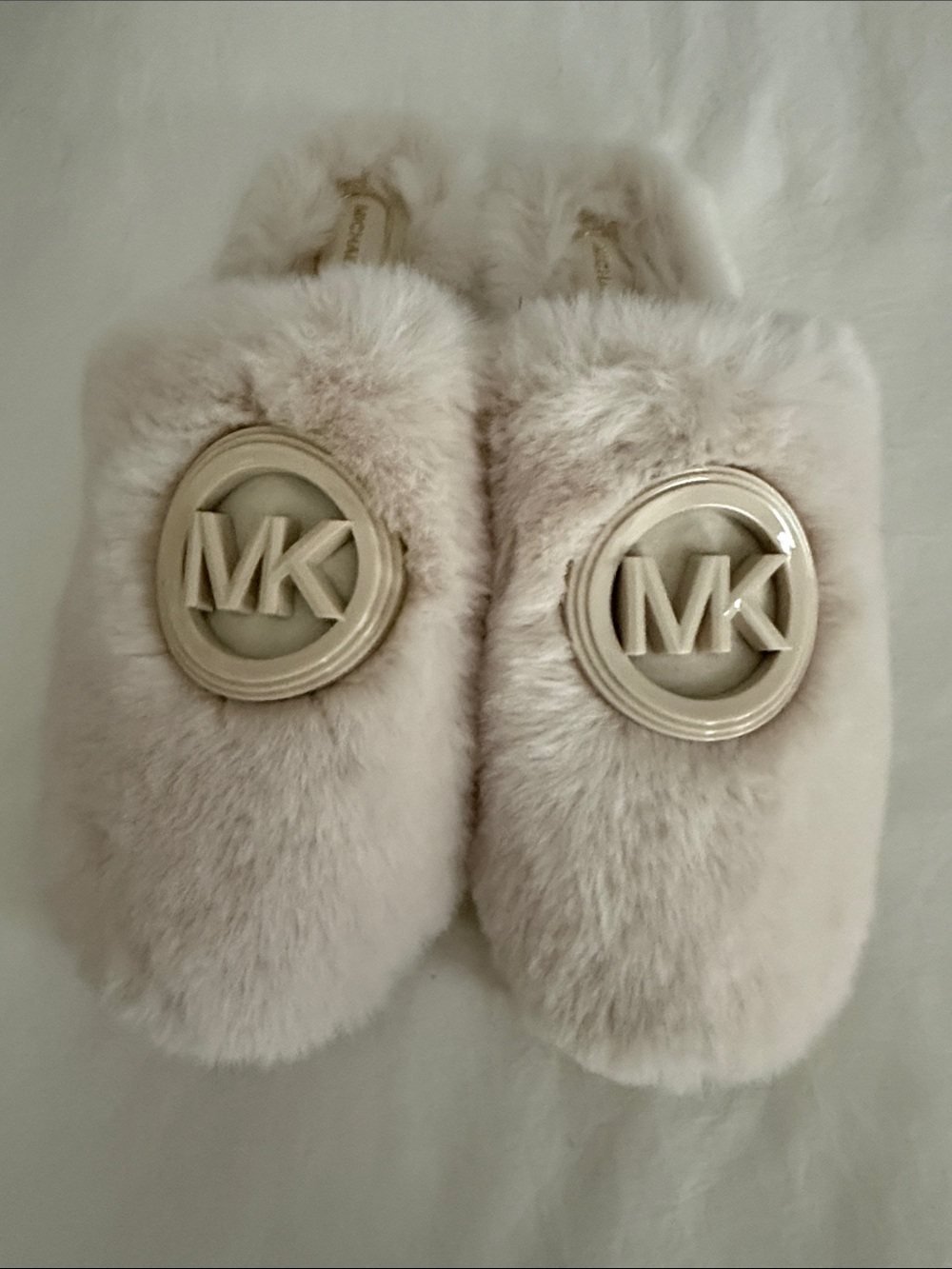 Michael Kors Plush Faux Fur Slippers in Cream with Gold MK Emblem